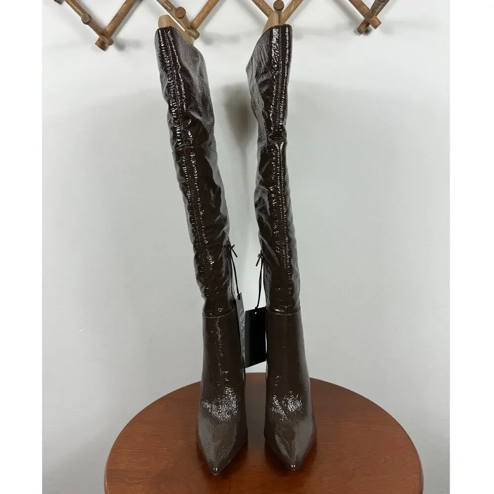 New Vince Camuto Minnada Wide-Calf Over-The-Knee Boot in Root Beer Patent Size 7